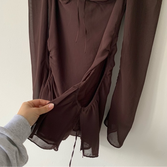 House of CB Baby Chocolate Brown Chiffon Cutout Halter Long Sleeve Mini Dress - Picture 8 of 12